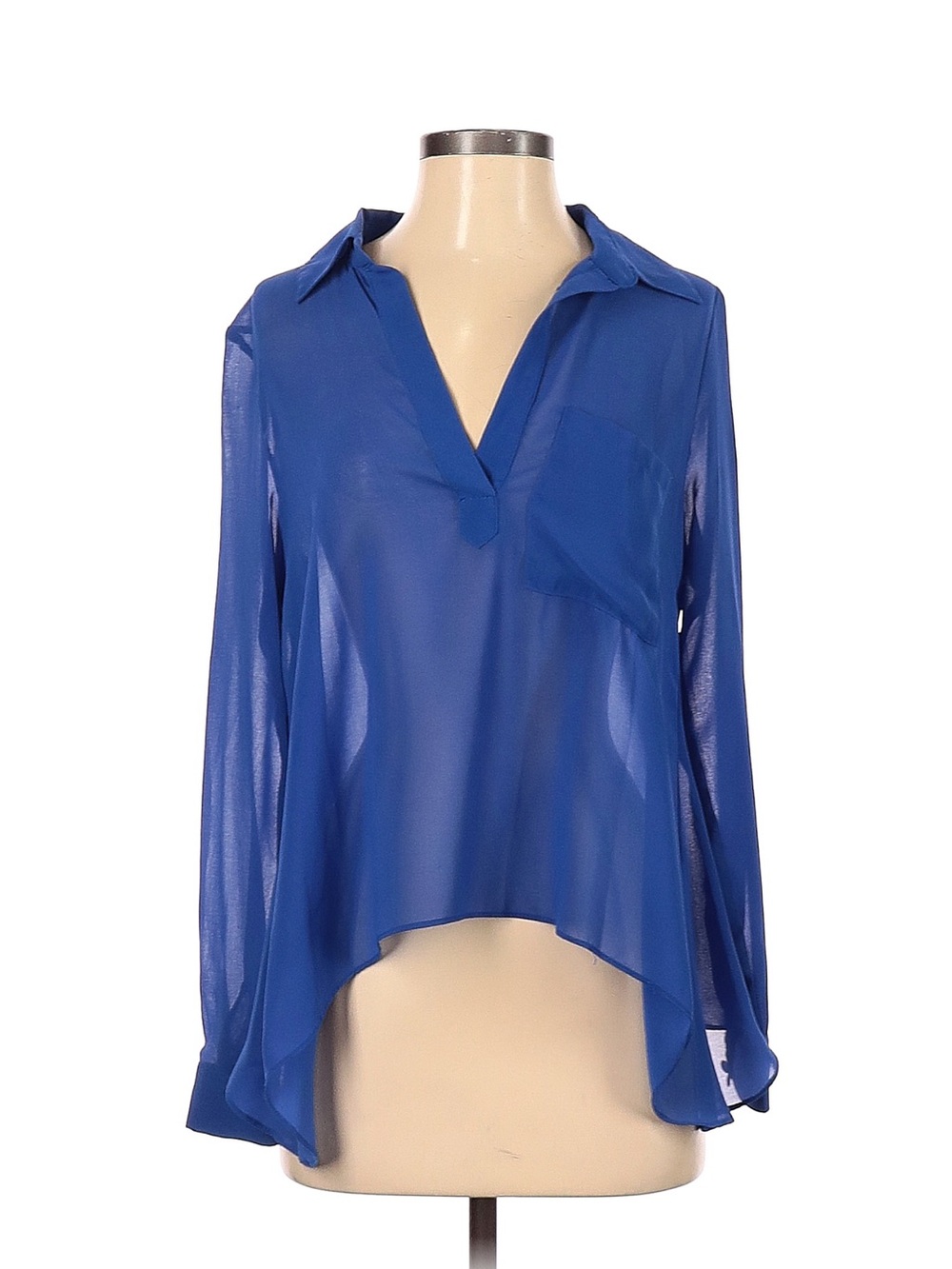 Olivaceous Royal Blue Sheer V-Neck Long Sleeve Blouse
